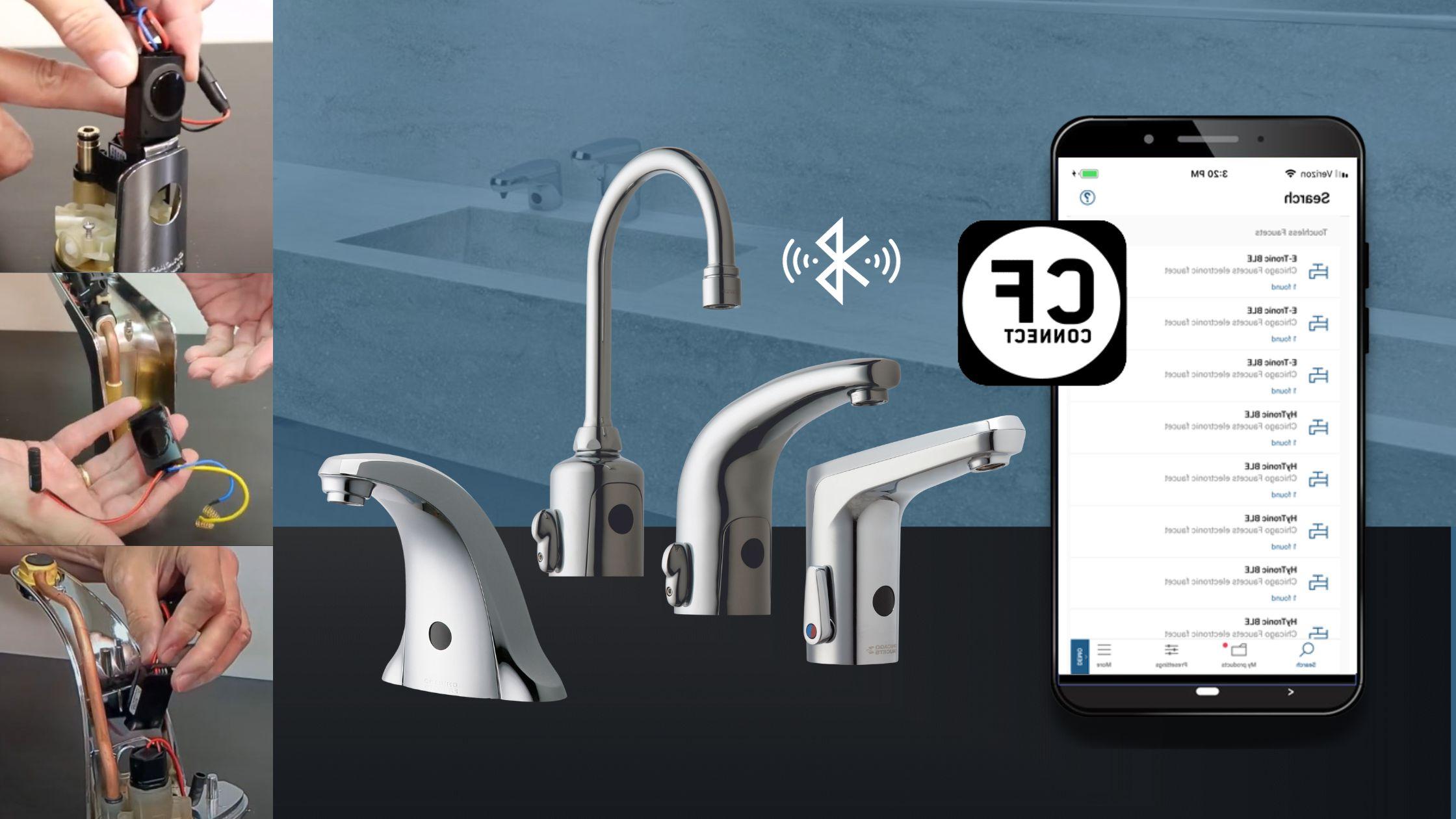 phone app next to four touchless faucets with bluetooth connection